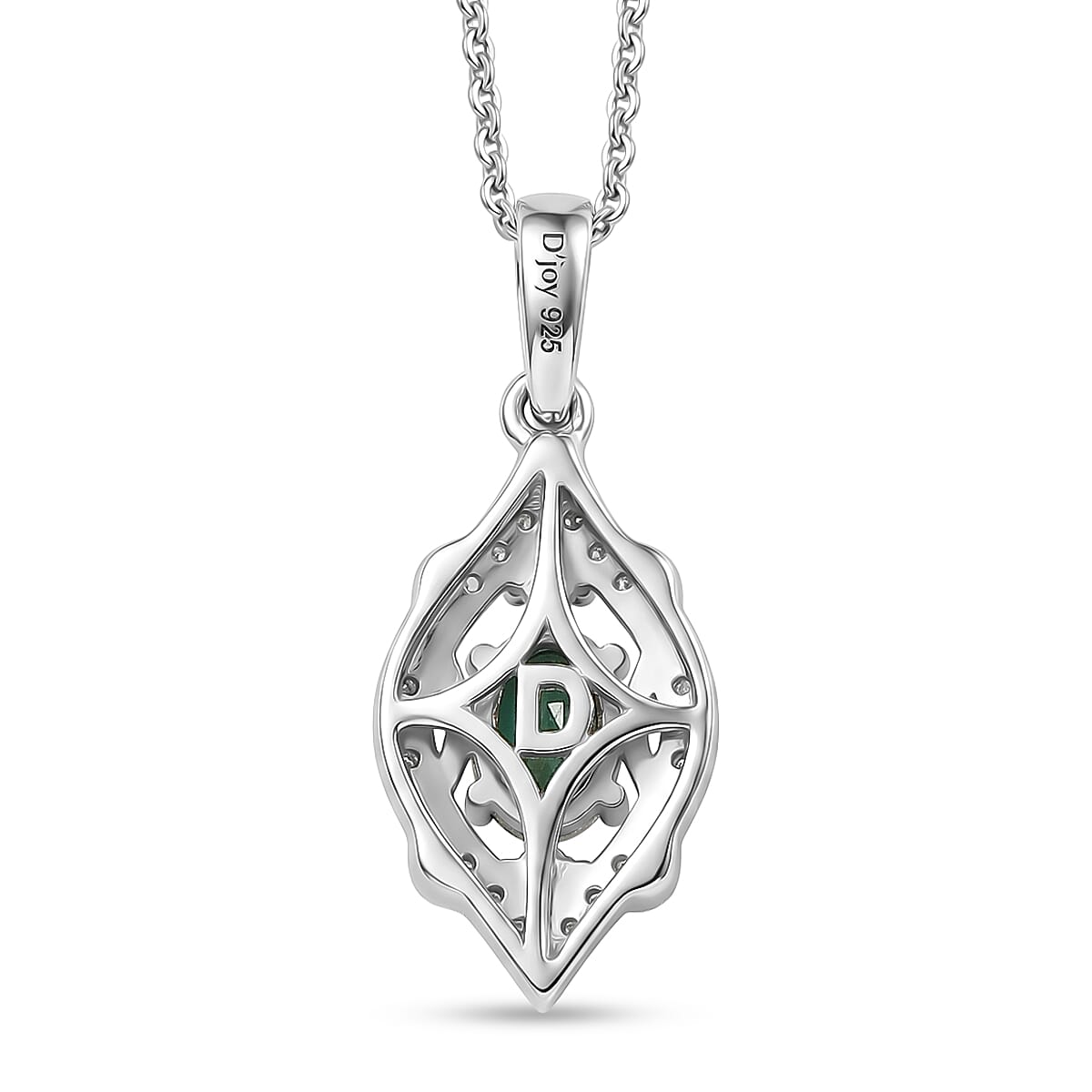 D'Joy - AAA Zambian Emerald & White Zircon Pendant with Chain (Size 20) in Rhodium Overlay Sterling Silver