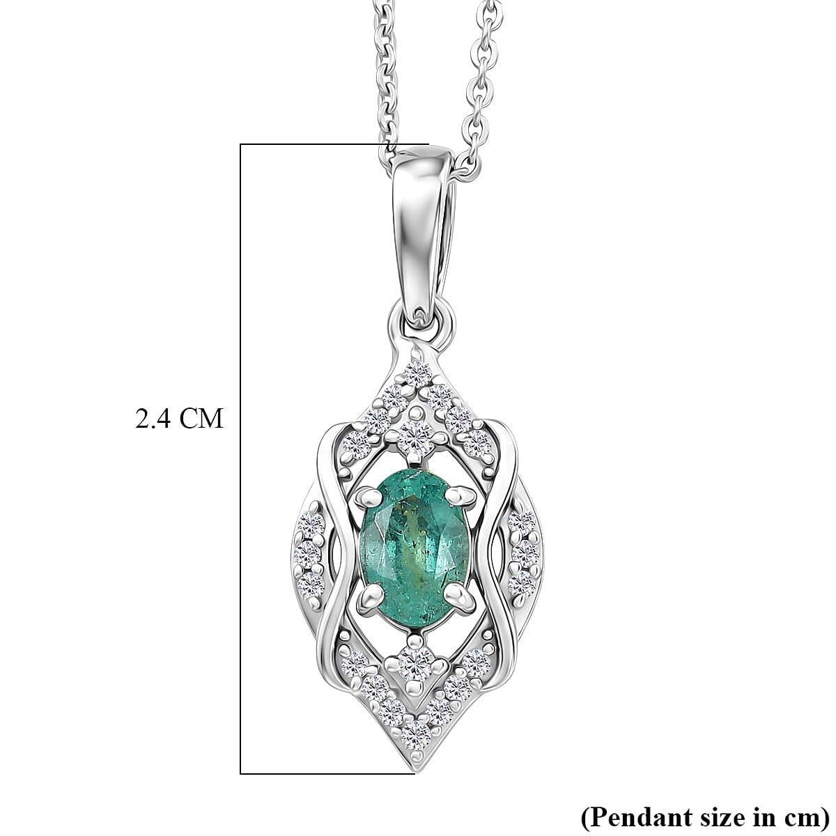 D'Joy - AAA Zambian Emerald & White Zircon Pendant with Chain (Size 20) in Rhodium Overlay Sterling Silver