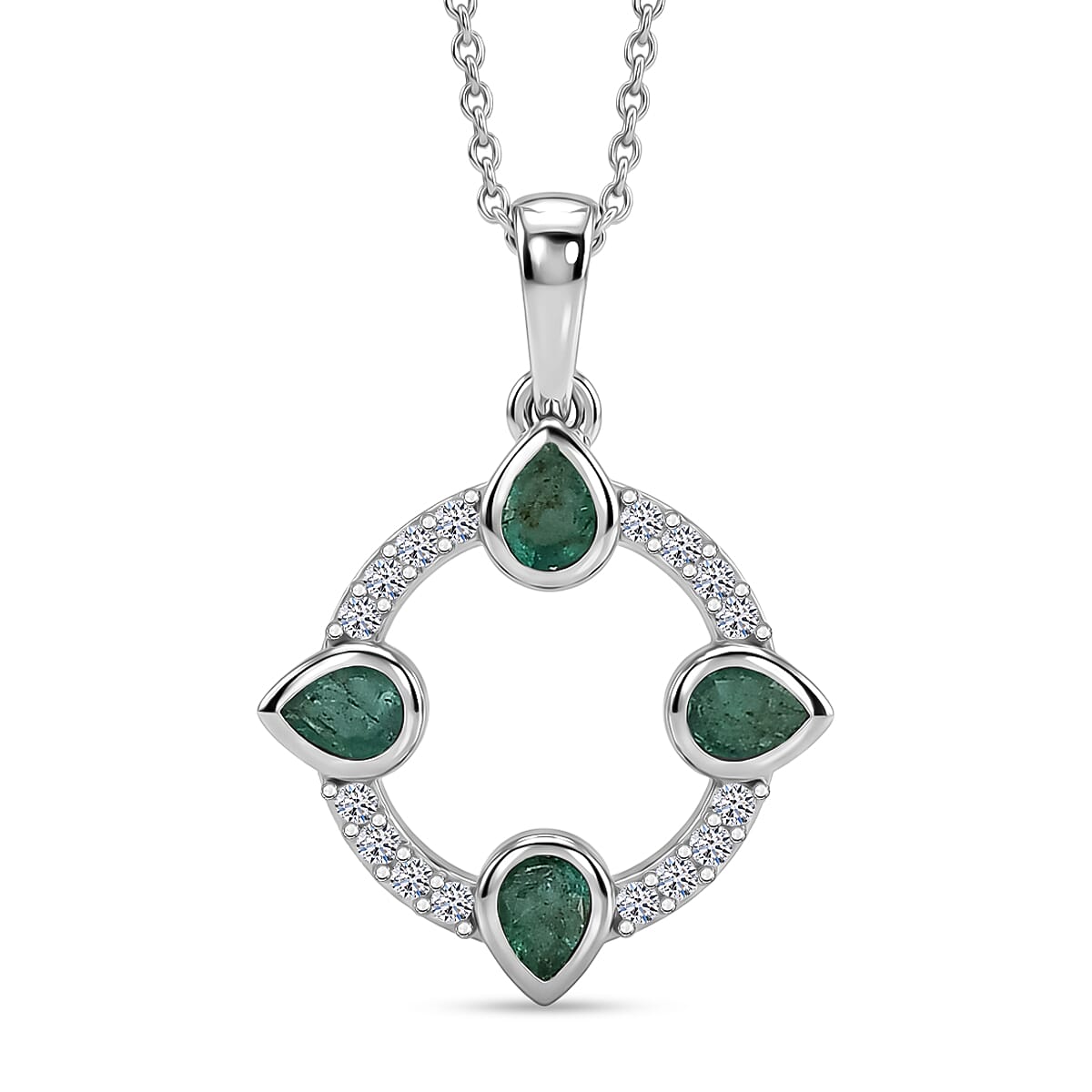 Luxuriant - AAA Zambian Emerald & Lab Grown Diamond (SI-G-H) Pendant with Chain (Size 20) in Rhodium Overlay Sterling Silver 0.75 Ct.