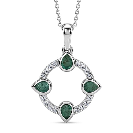 Luxuriant - AAA Zambian Emerald & Lab Grown Diamond (SI-G-H) Pendant with Chain (Size 20) in Rhodium Overlay Sterling Silver 0.75 Ct.