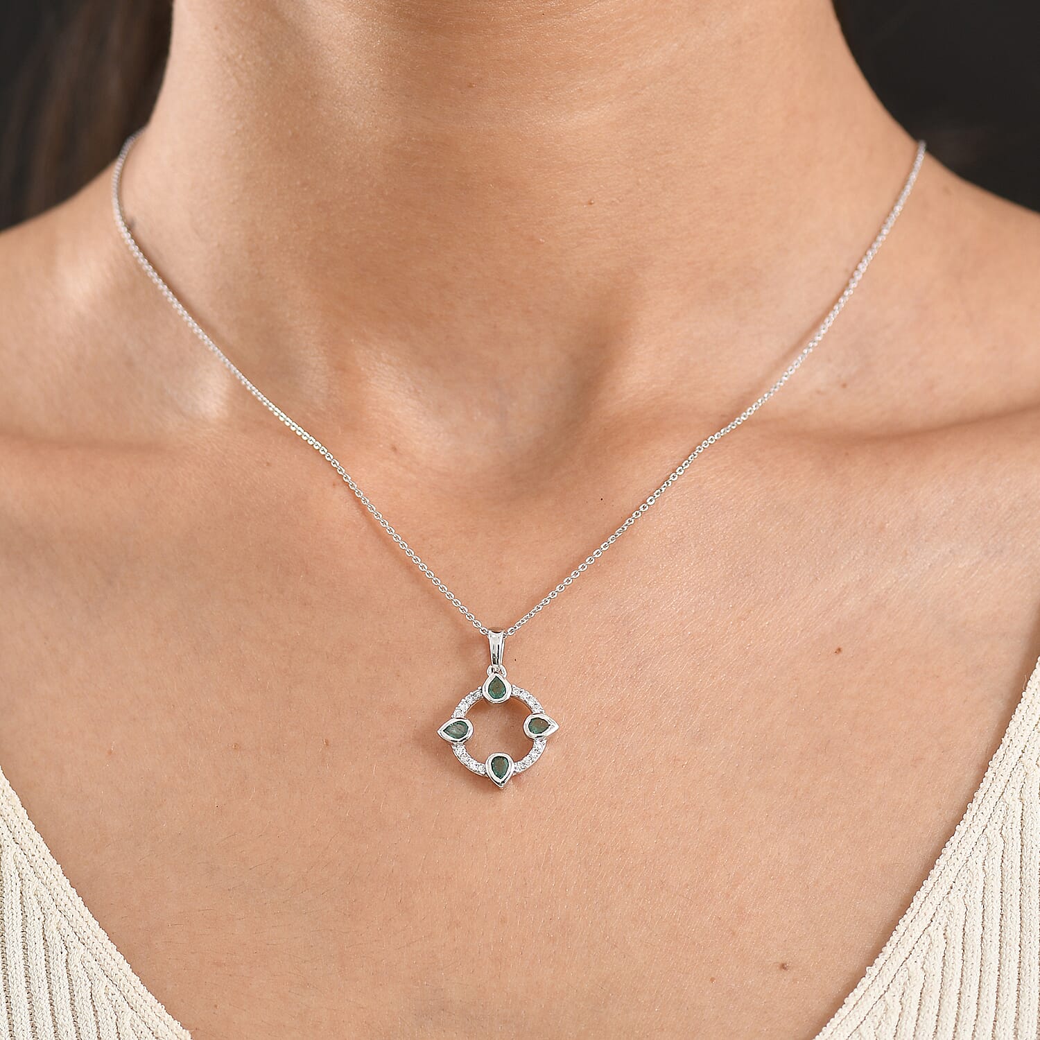 Luxuriant - AAA Zambian Emerald & Lab Grown Diamond (SI-G-H) Pendant with Chain (Size 20) in Rhodium Overlay Sterling Silver 0.75 Ct.