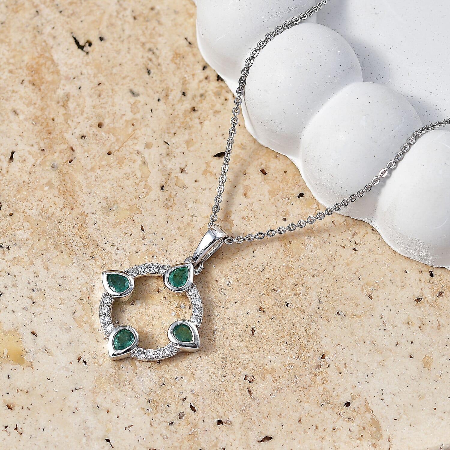 Luxuriant - AAA Zambian Emerald & Lab Grown Diamond (SI-G-H) Pendant with Chain (Size 20) in Rhodium Overlay Sterling Silver 0.75 Ct.