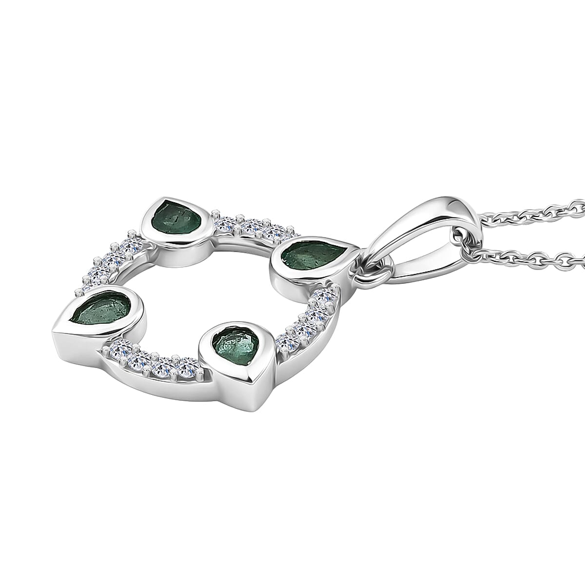 Luxuriant - AAA Zambian Emerald & Lab Grown Diamond (SI-G-H) Pendant with Chain (Size 20) in Rhodium Overlay Sterling Silver 0.75 Ct.