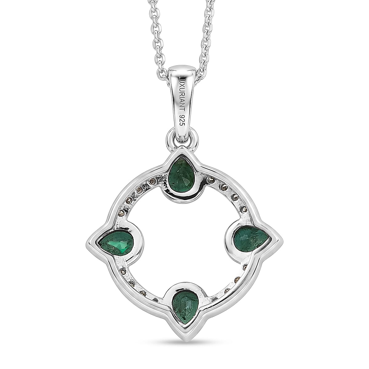 Luxuriant - AAA Zambian Emerald & Lab Grown Diamond (SI-G-H) Pendant with Chain (Size 20) in Rhodium Overlay Sterling Silver 0.75 Ct.
