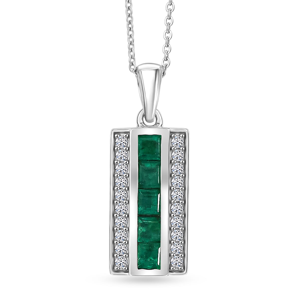 Luxuriant - AAA Gemfields Zambian Emerald & Lab Grown Diamond (SI-G-H) Pendant with Chain (Size 20) in Rhodium Overlay Sterling Silver
