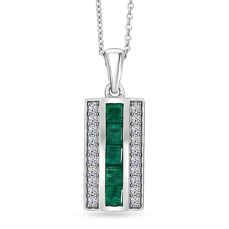 Luxuriant - AAA Gemfields Zambian Emerald & Lab Grown Diamond (SI-G-H) Pendant with Chain (Size 20) in Rhodium Overlay Sterling Silver