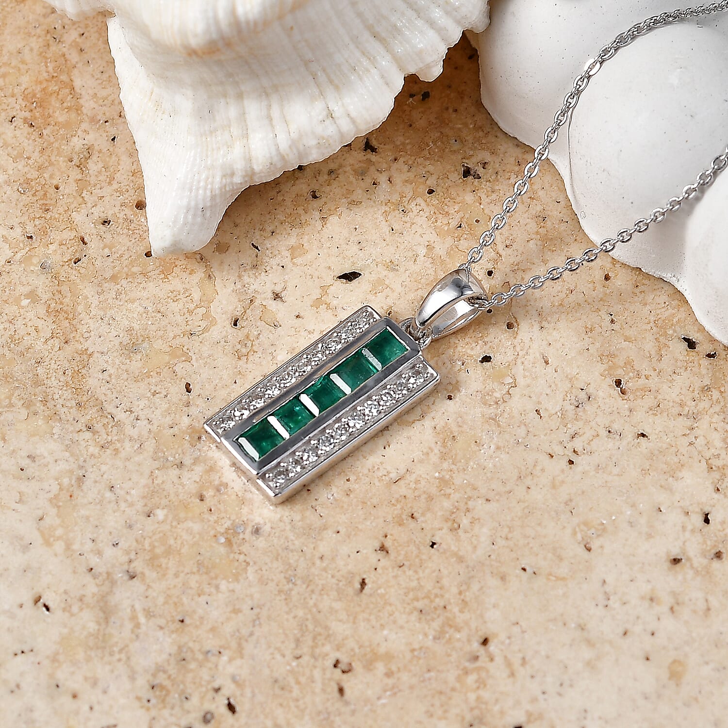 Luxuriant - AAA Gemfields Zambian Emerald & Lab Grown Diamond (SI-G-H) Pendant with Chain (Size 20) in Rhodium Overlay Sterling Silver