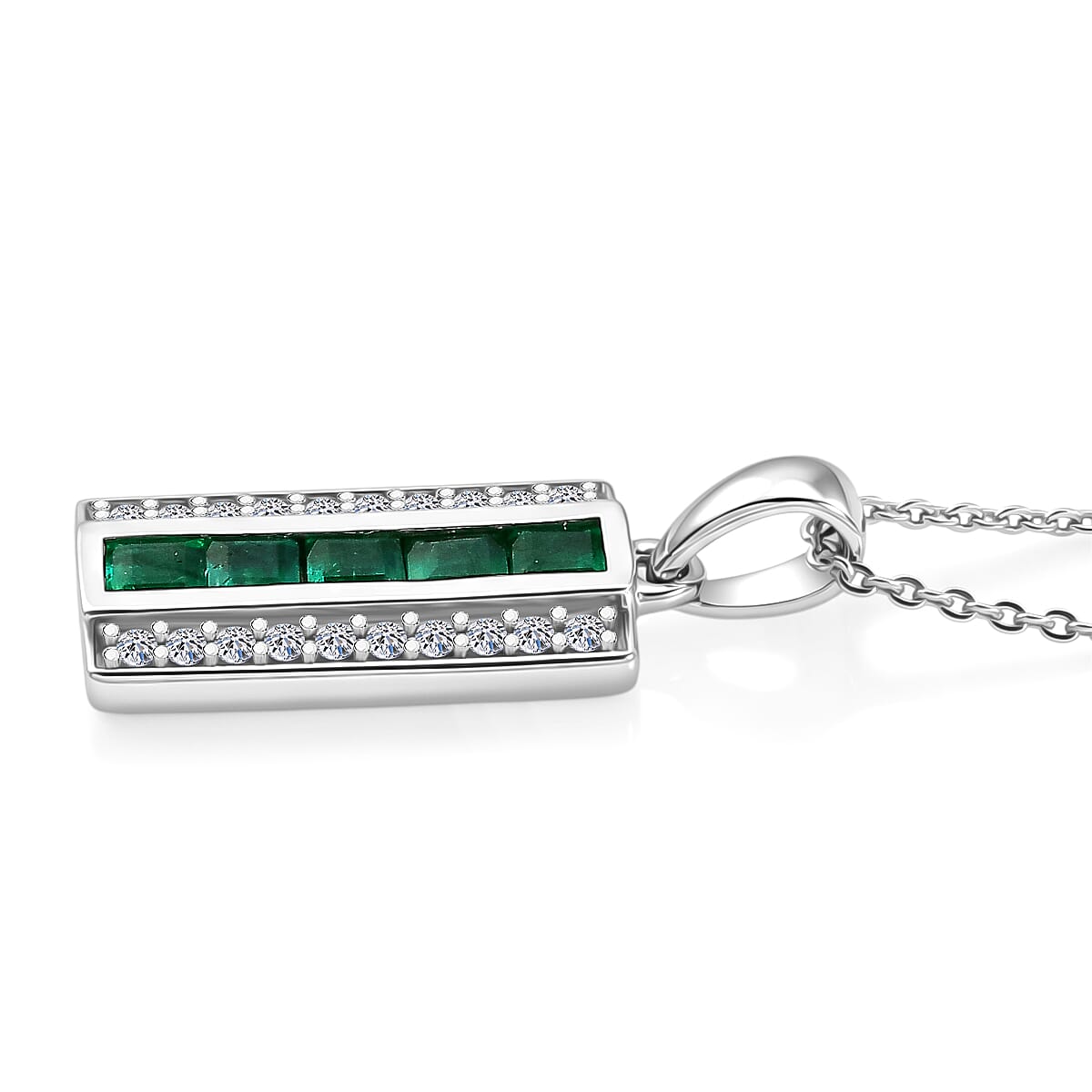 Luxuriant - AAA Gemfields Zambian Emerald & Lab Grown Diamond (SI-G-H) Pendant with Chain (Size 20) in Rhodium Overlay Sterling Silver