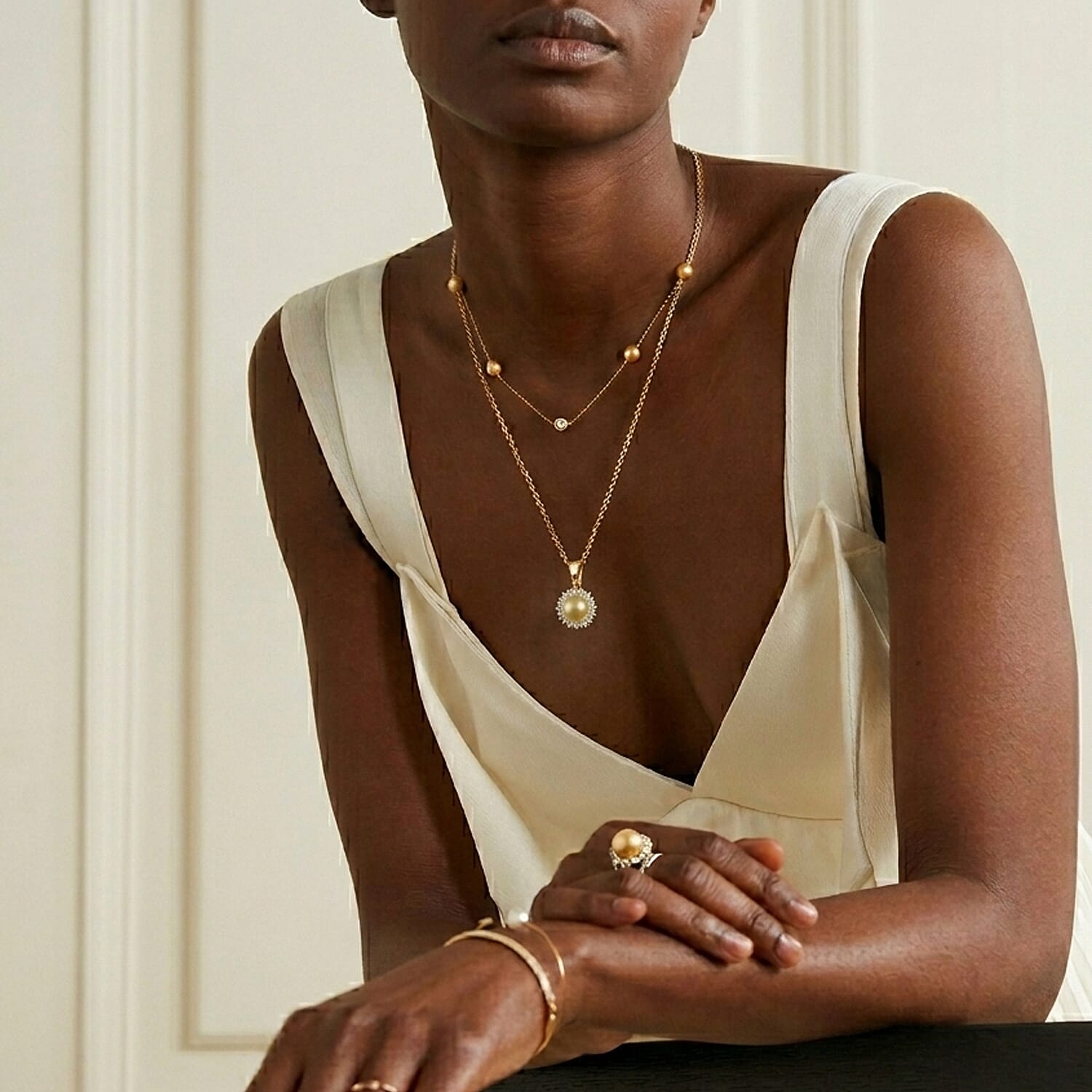 Royal Bali Collection - AAA Golden South Sea Pearl (9-11mm) & Natural White Diamond Halo Pendant with Chain (Size 20) in 18K Vermeil Yellow Gold Plated Sterling Silver