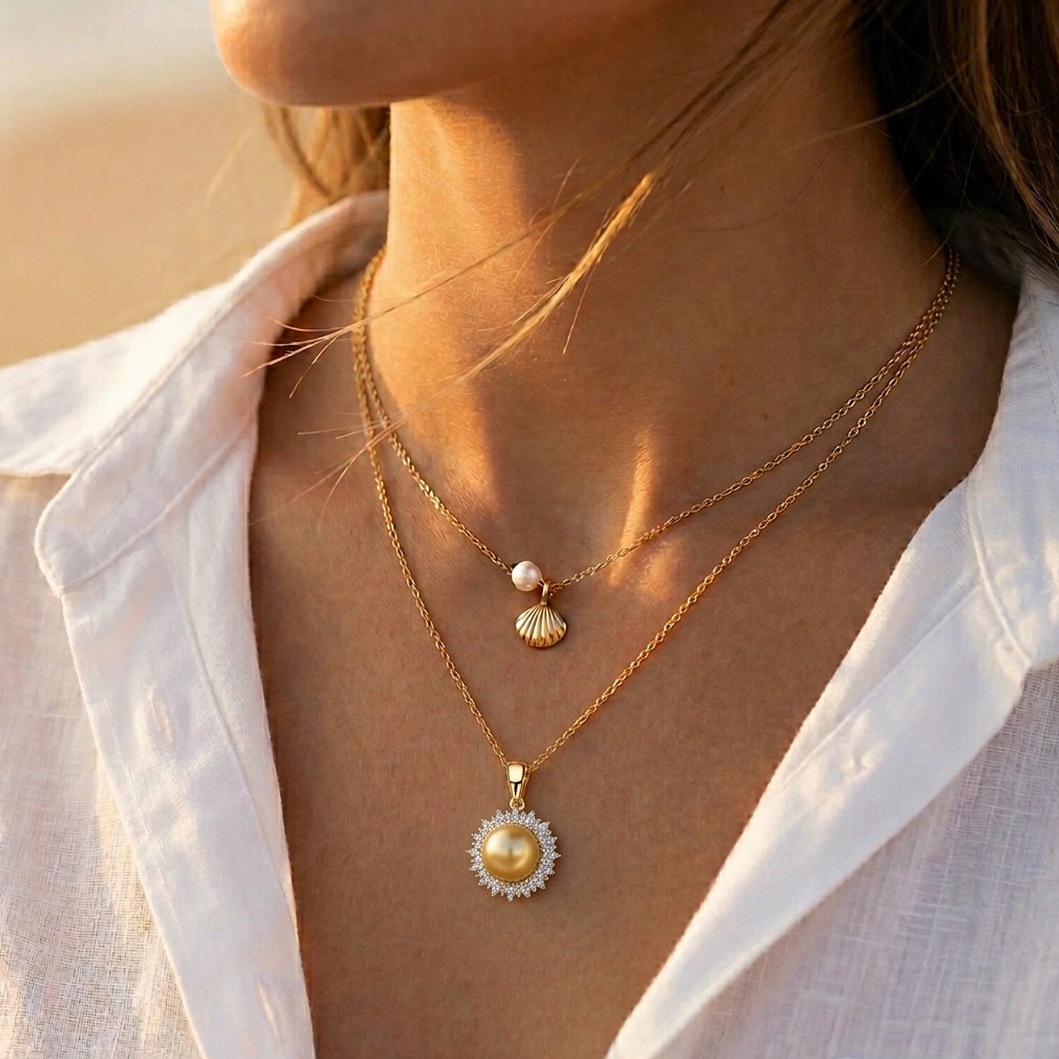 Royal Bali Collection - AAA Golden South Sea Pearl (9-11mm) & Natural White Diamond Halo Pendant with Chain (Size 20) in 18K Vermeil Yellow Gold Plated Sterling Silver
