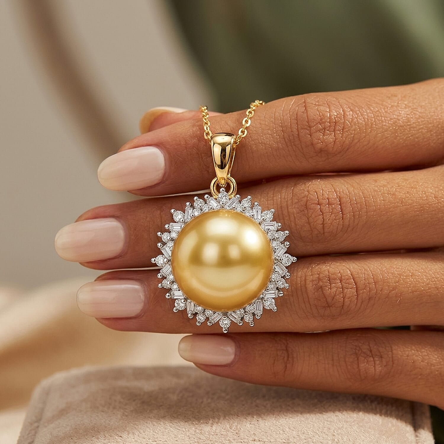 Royal Bali Collection - AAA Golden South Sea Pearl (9-11mm) & Natural White Diamond Halo Pendant with Chain (Size 20) in 18K Vermeil Yellow Gold Plated Sterling Silver