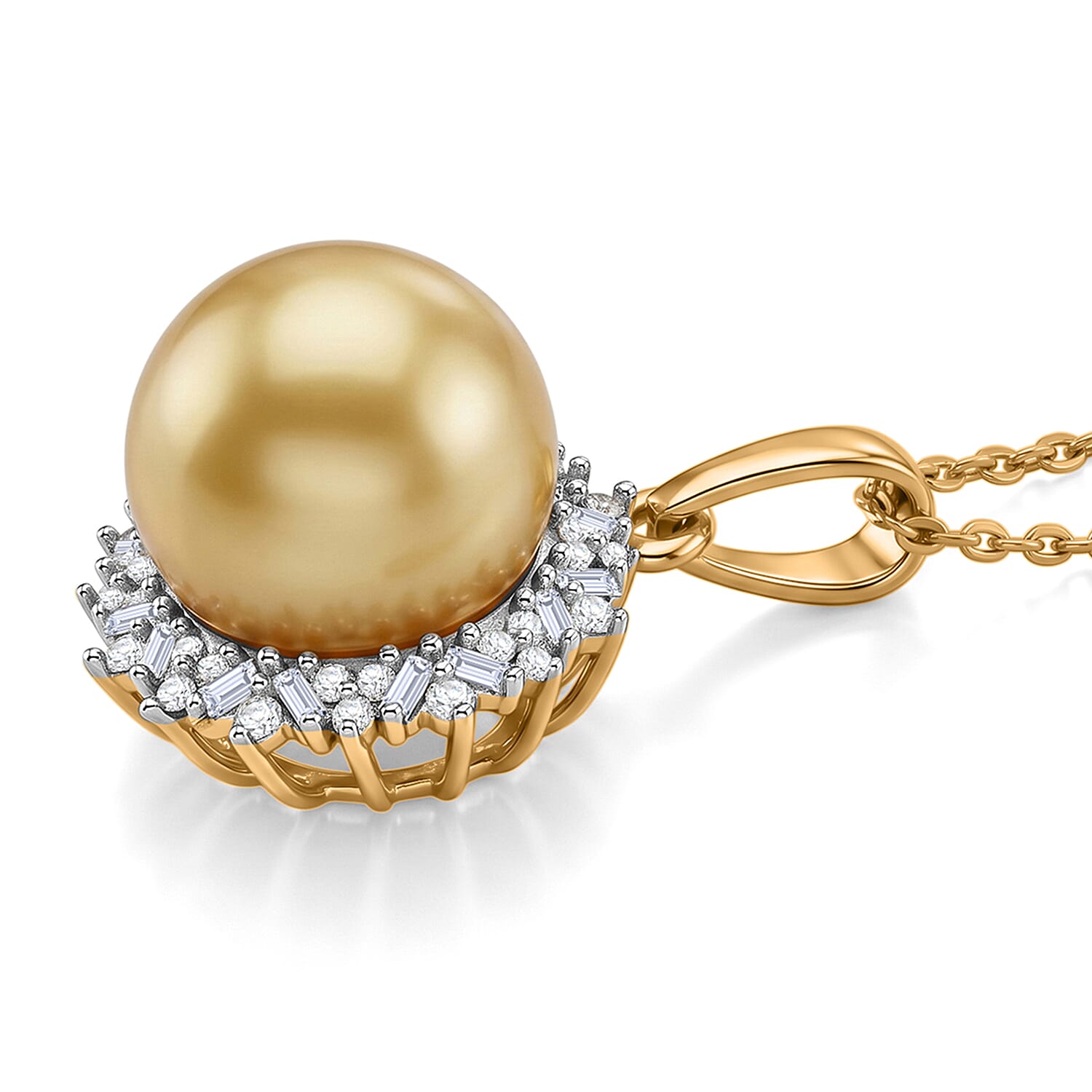 Royal Bali Collection - AAA Golden South Sea Pearl (9-11mm) & Natural White Diamond Halo Pendant with Chain (Size 20) in 18K Vermeil Yellow Gold Plated Sterling Silver