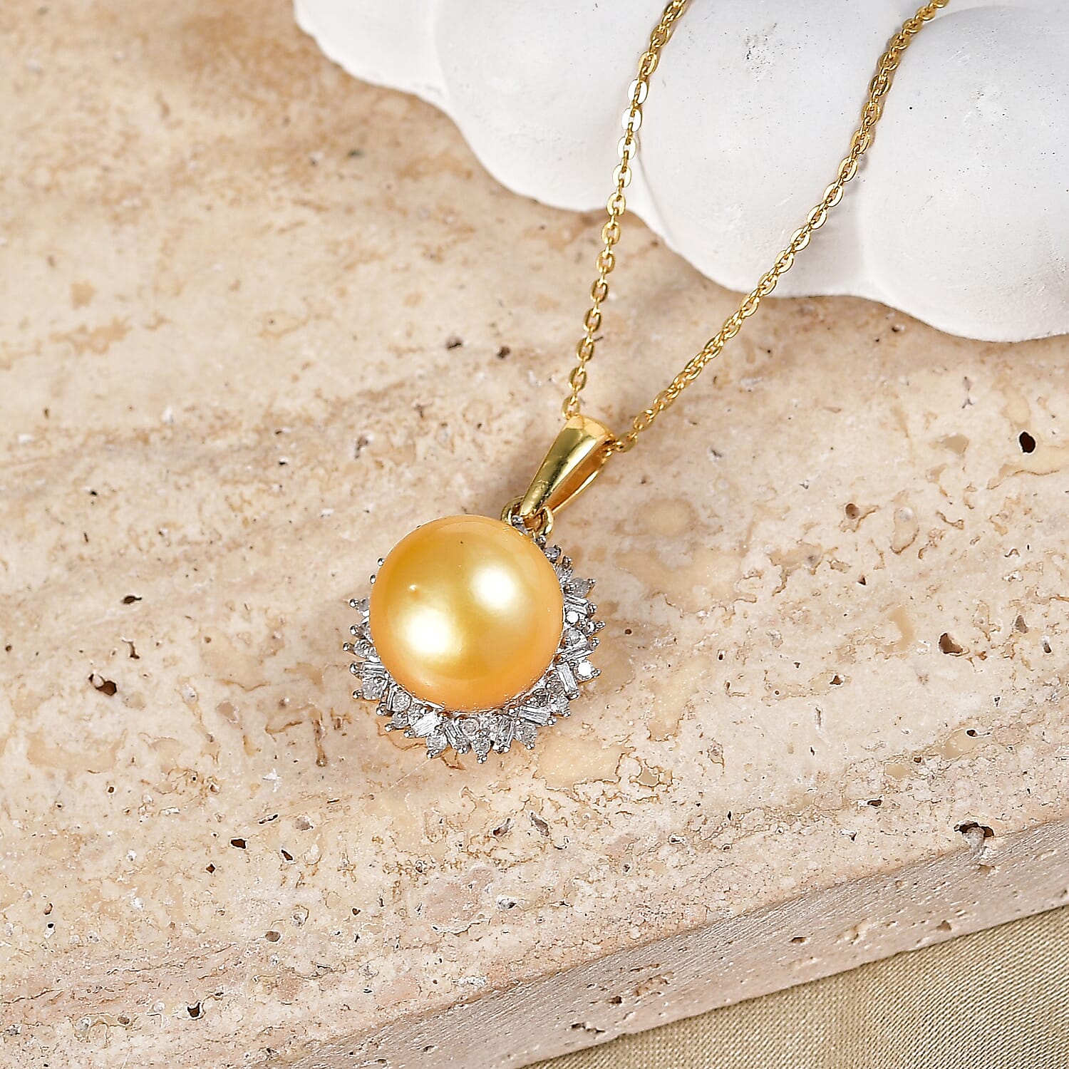 Royal Bali Collection - D'Joy Golden South Sea Pearl & Natural White Diamond Halo Pendant with Chain (Size 20) in 18K Vermeil Yellow Gold Plated Sterling Silver 8.30 Ct.