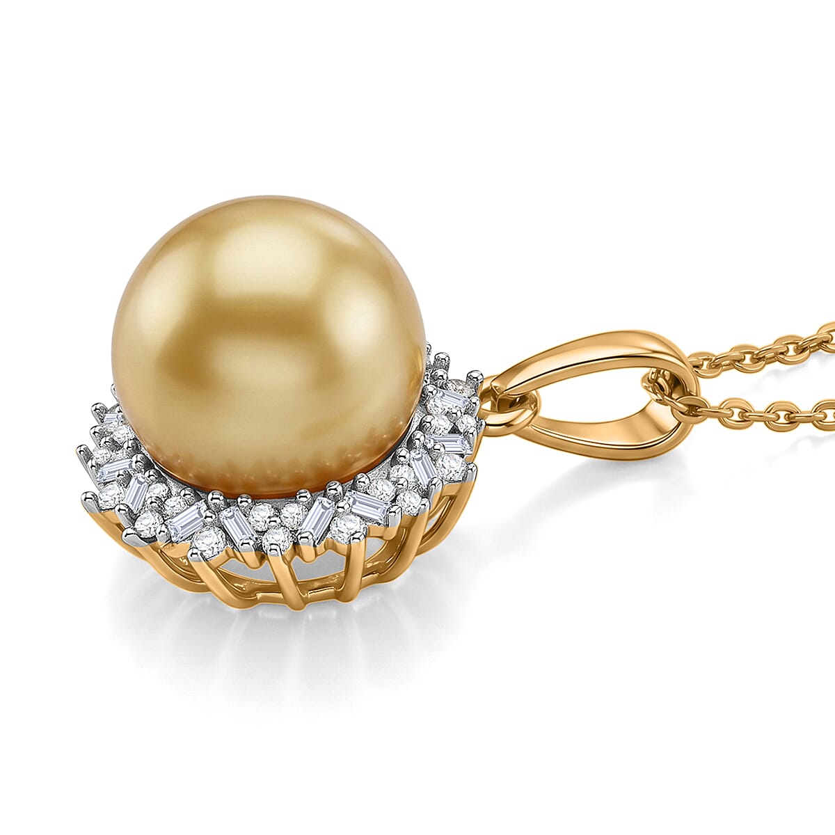 Royal Bali Collection - D'Joy Golden South Sea Pearl & Natural White Diamond Halo Pendant with Chain (Size 20) in 18K Vermeil Yellow Gold Plated Sterling Silver 8.30 Ct.