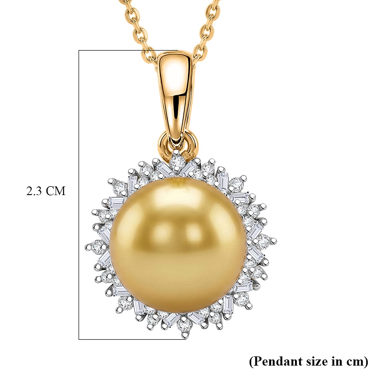 Royal Bali Collection - D'Joy Golden South Sea Pearl & Natural White Diamond Halo Pendant with Chain (Size 20) in 18K Vermeil Yellow Gold Plated Sterling Silver 8.30 Ct.