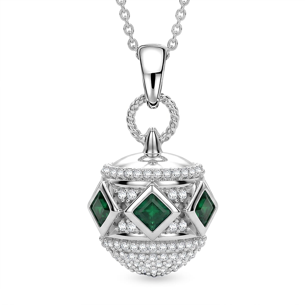 D'Joy - Zambian Emerald & White Zircon Pendant with Chain (Size 20) in Rhodium Overlay Sterling Silver 1.00 Ct.