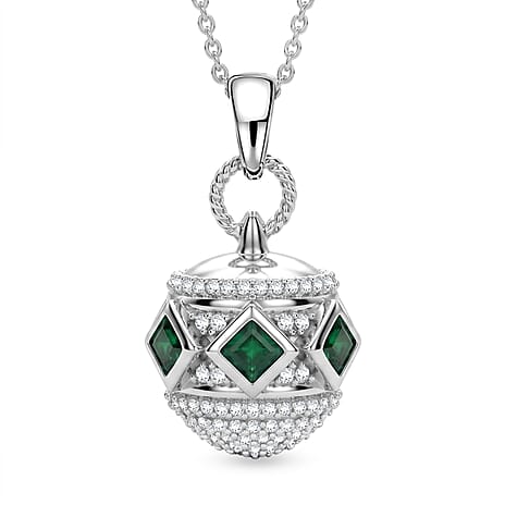 D'Joy - Zambian Emerald & White Zircon Pendant with Chain (Size 20) in Rhodium Overlay Sterling Silver 1.00 Ct.