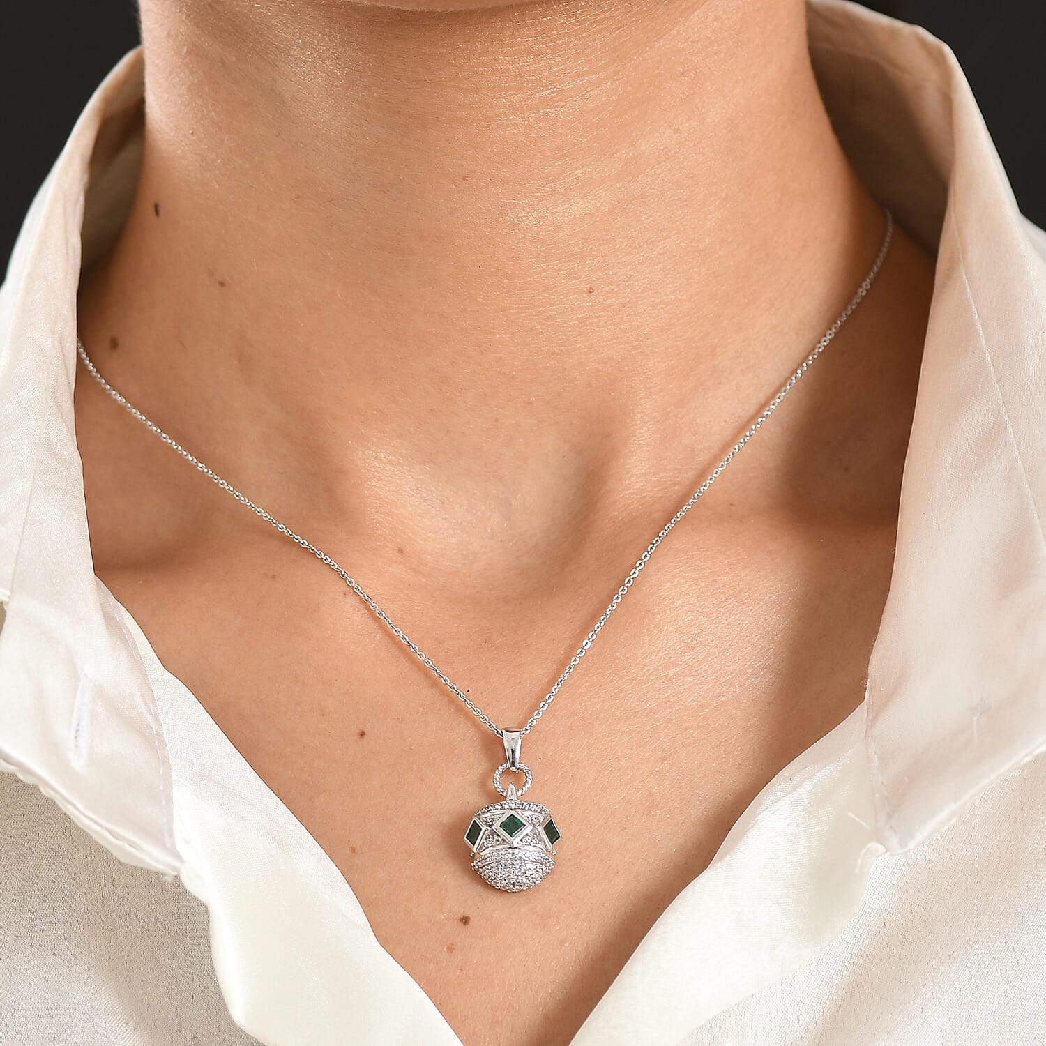D'Joy - Zambian Emerald & White Zircon Pendant with Chain (Size 20) in Rhodium Overlay Sterling Silver 1.00 Ct.