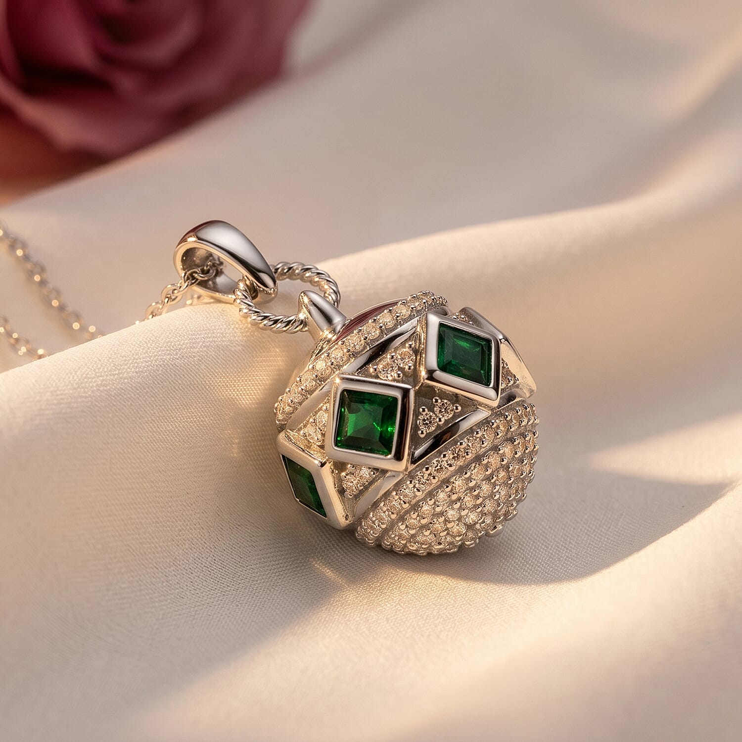 D'Joy - Zambian Emerald & White Zircon Pendant with Chain (Size 20) in Rhodium Overlay Sterling Silver 1.00 Ct.