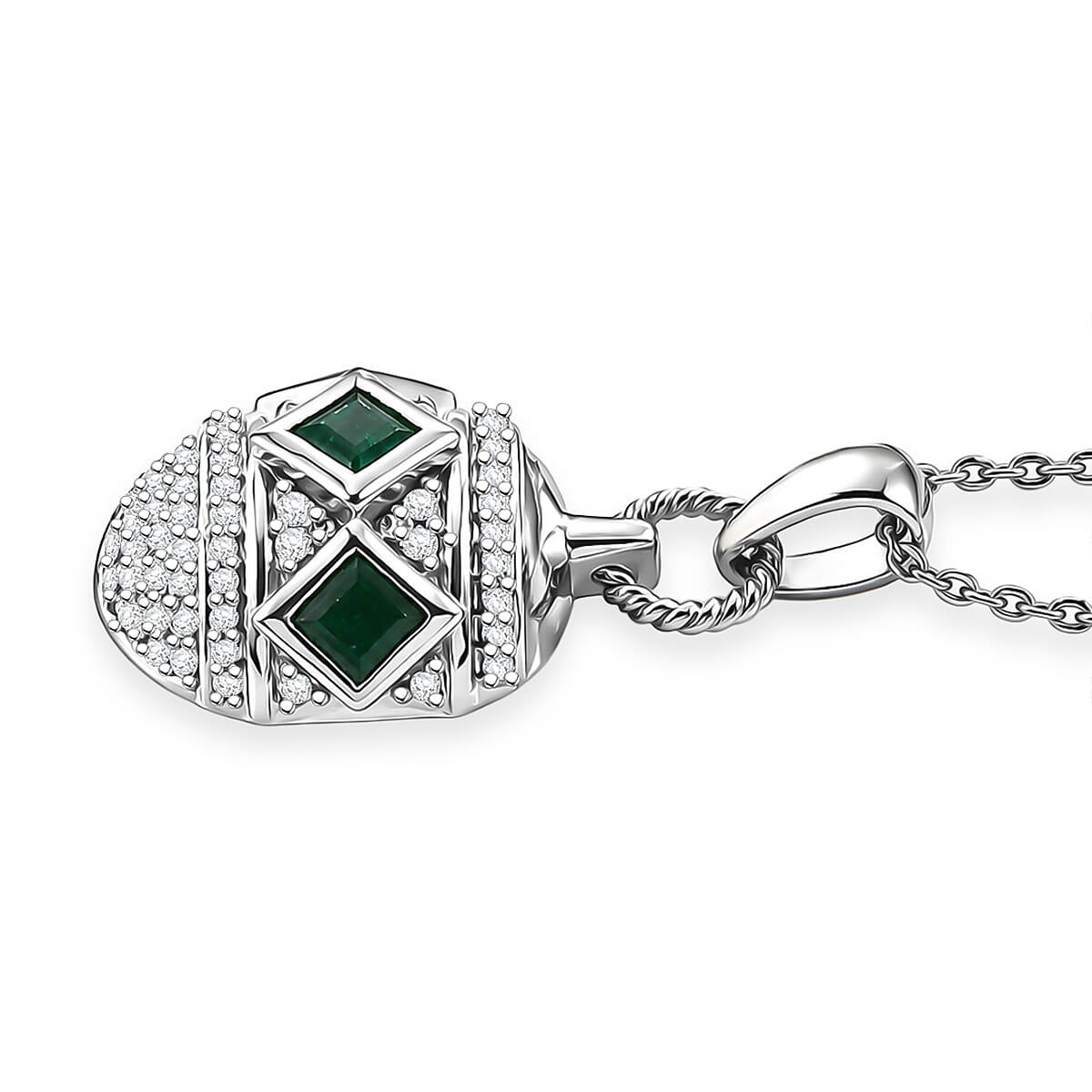 D'Joy - Zambian Emerald & White Zircon Pendant with Chain (Size 20) in Rhodium Overlay Sterling Silver 1.00 Ct.