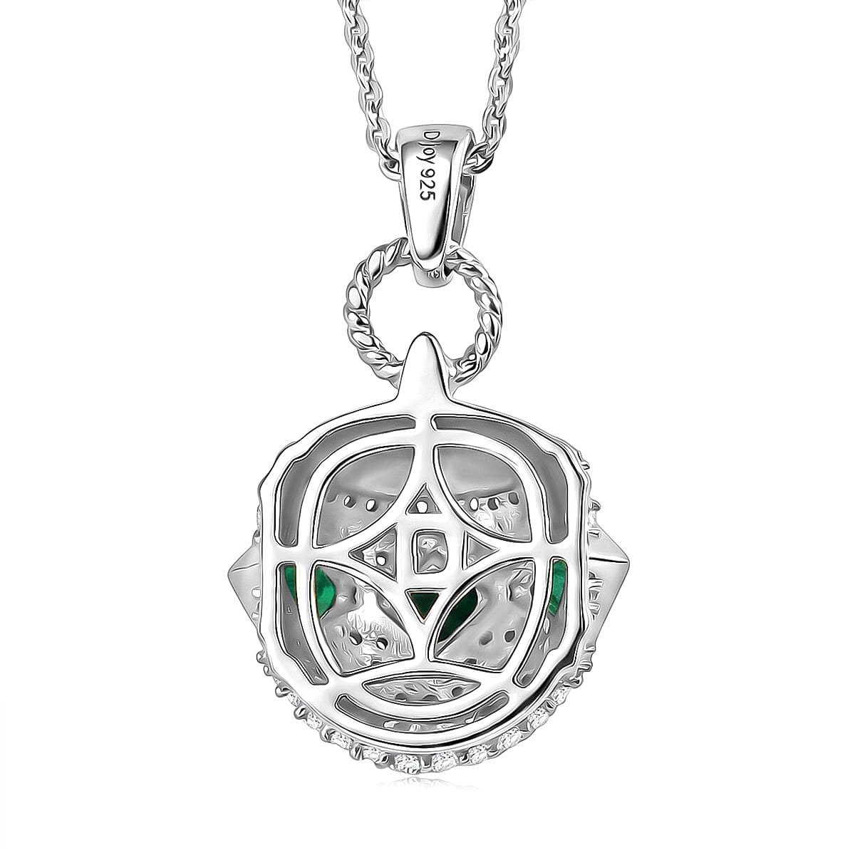 D'Joy - Zambian Emerald & White Zircon Pendant with Chain (Size 20) in Rhodium Overlay Sterling Silver 1.00 Ct.