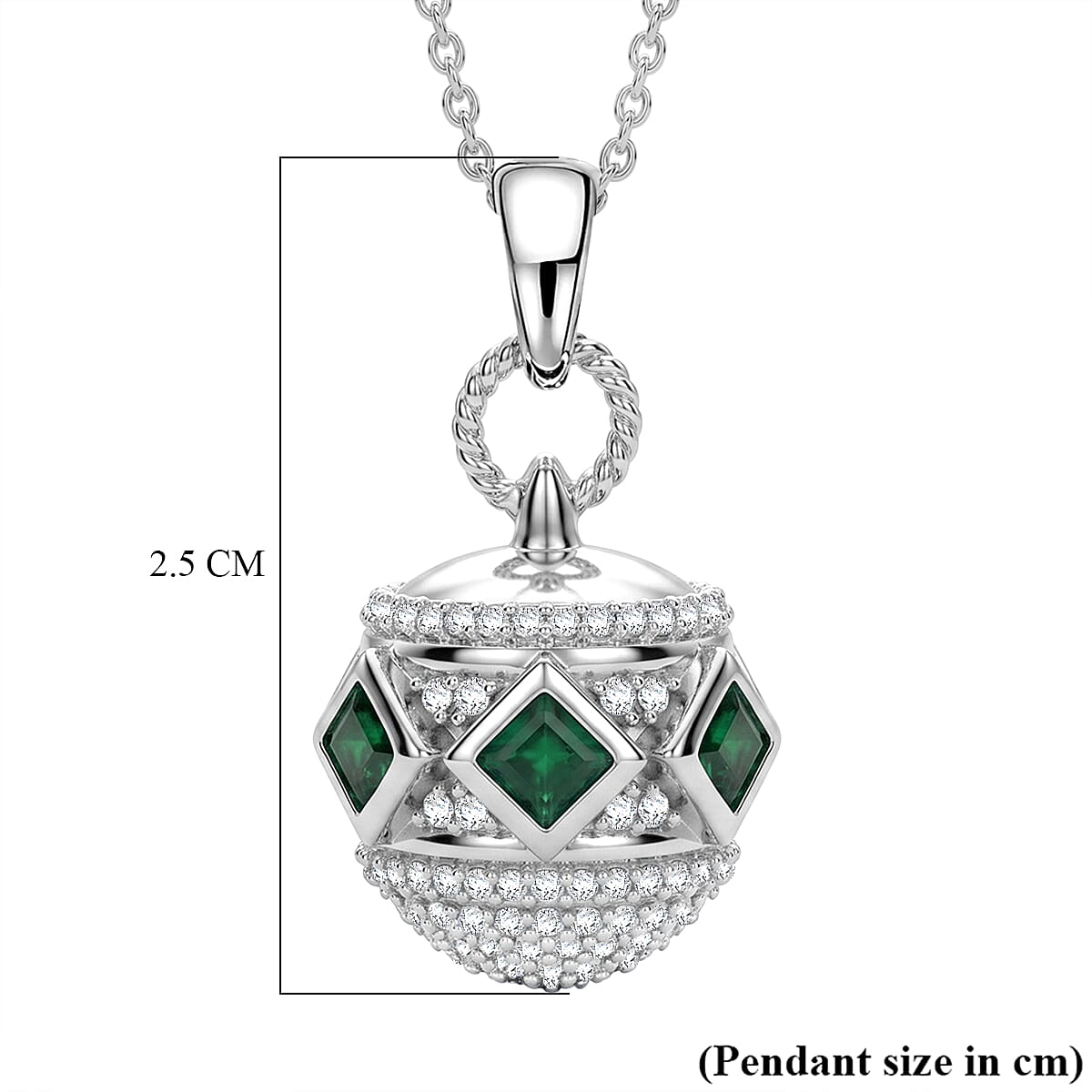 D'Joy - Zambian Emerald & White Zircon Pendant with Chain (Size 20) in Rhodium Overlay Sterling Silver 1.00 Ct.