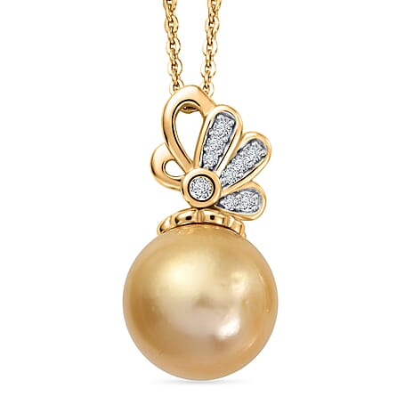 Luxuriant - Golden South Sea Pearl & Lab Grown Diamond (SI-G-H) Drop Pendant with Chain (Size 20) in 18K Vermeil Yellow Gold Plated Sterling Silver 7.80 Ct.