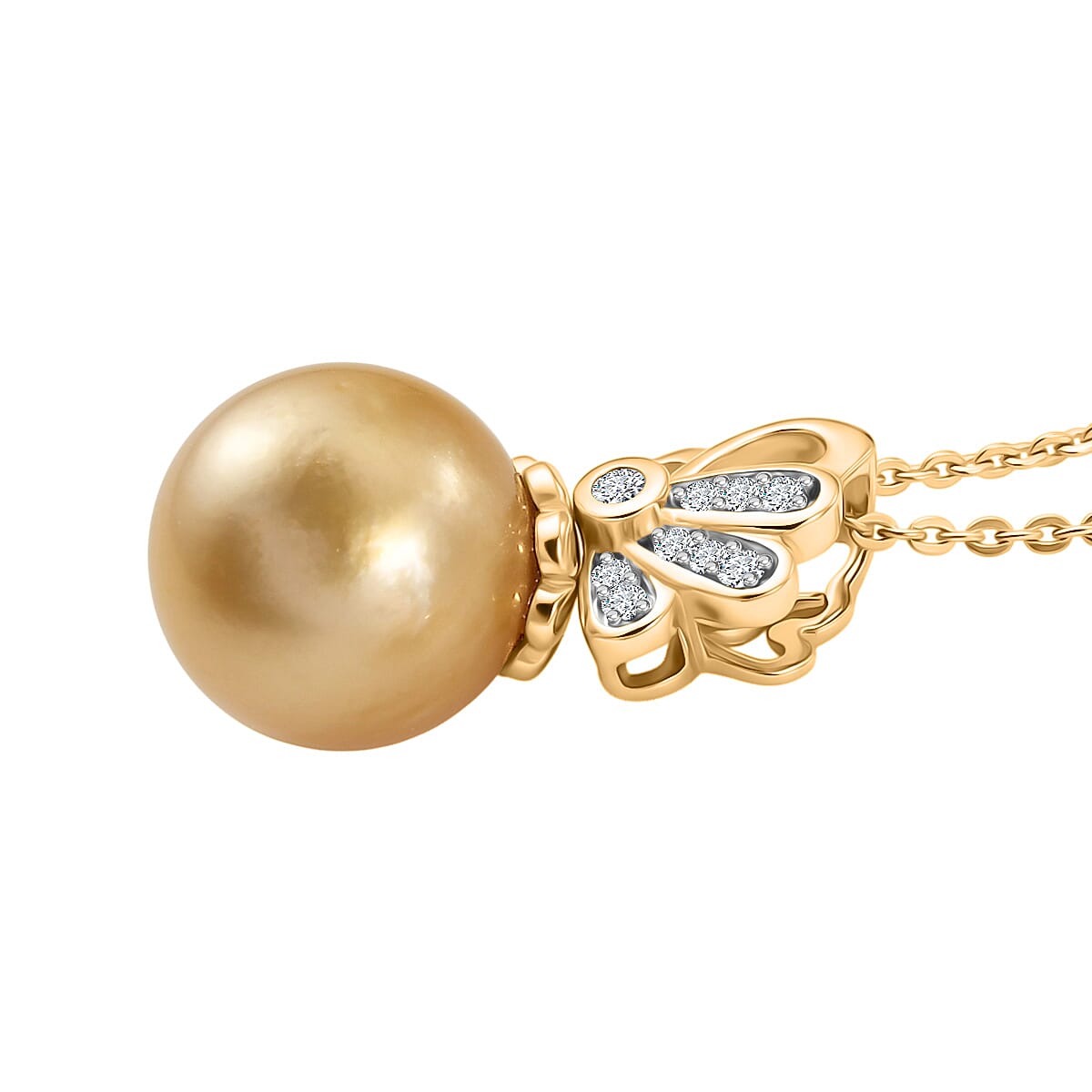 Luxuriant - Golden South Sea Pearl & Lab Grown Diamond (SI-G-H) Drop Pendant with Chain (Size 20) in 18K Vermeil Yellow Gold Plated Sterling Silver 7.80 Ct.
