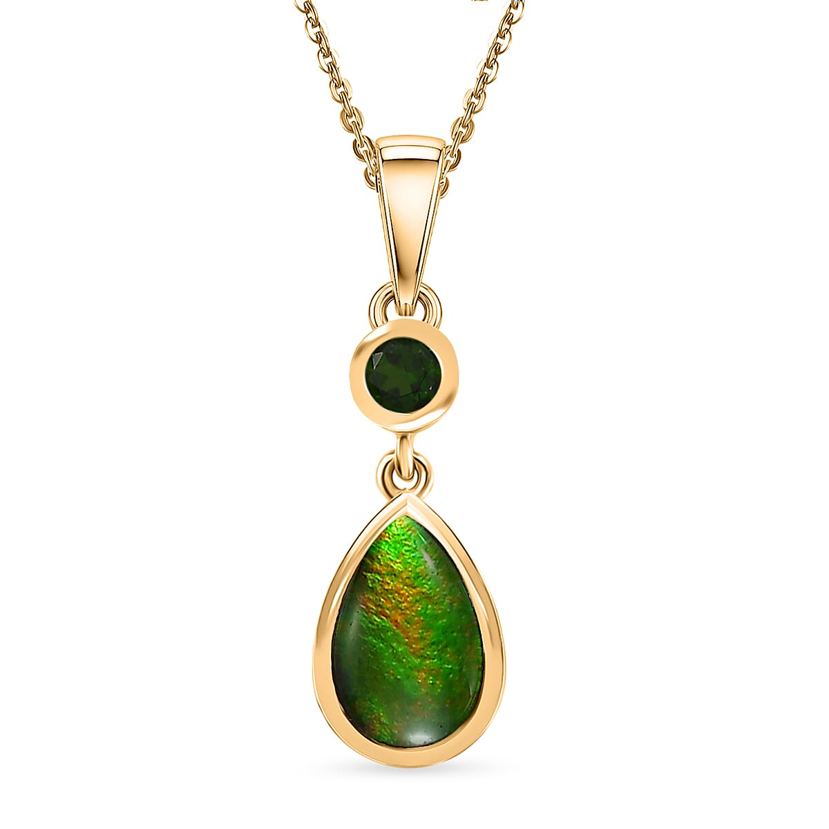 D'Joy - Ammolite & Natural Chrome Diopside Drop Pendant with Chain (Size 20) in 18K Vermeil Yellow Gold Plated Sterling Silver 1.40 Ct.