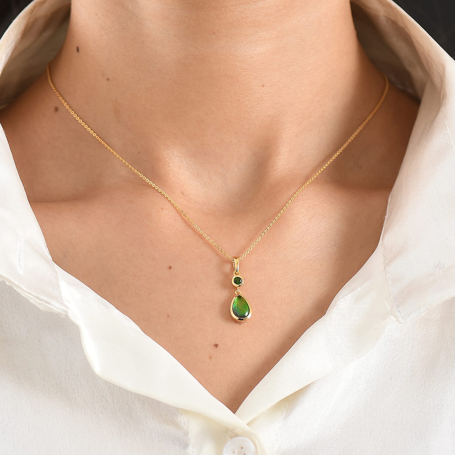 D'Joy - Ammolite & Natural Chrome Diopside Drop Pendant with Chain (Size 20) in 18K Vermeil Yellow Gold Plated Sterling Silver 1.40 Ct.