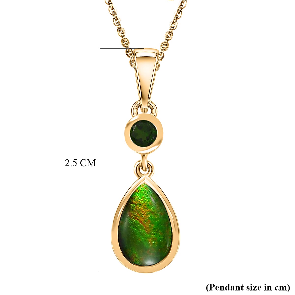 D'Joy - Ammolite & Natural Chrome Diopside Drop Pendant with Chain (Size 20) in 18K Vermeil Yellow Gold Plated Sterling Silver 1.40 Ct.