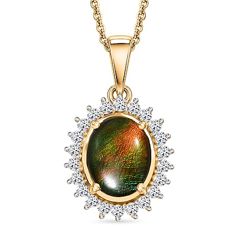 Luxuriant - Ammolite & Lab Grown Diamond (SI-G-H) Halo Pendant with Chain (Size 20) in 18K Vermeil Yellow Gold Plated Sterling Silver 2.70 Ct.