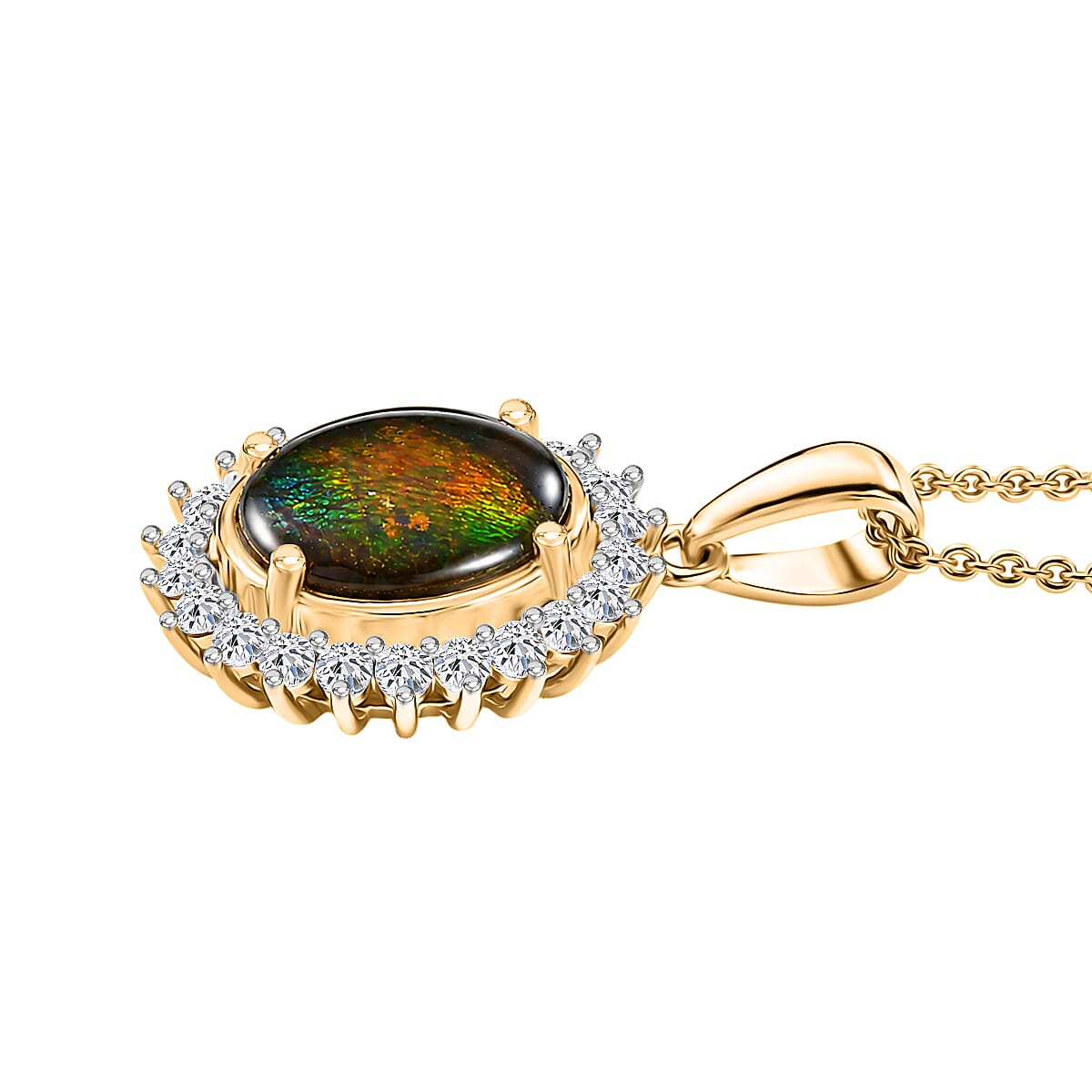 Luxuriant - Ammolite & Lab Grown Diamond (SI-G-H) Halo Pendant with Chain (Size 20) in 18K Vermeil Yellow Gold Plated Sterling Silver 2.70 Ct.