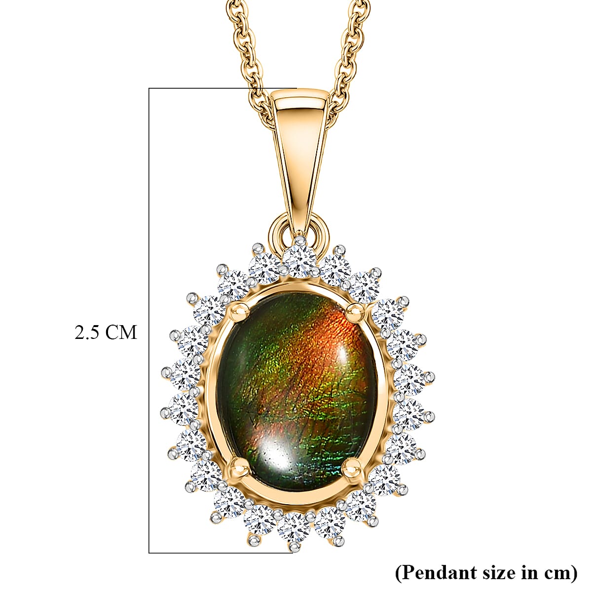 Luxuriant - Ammolite & Lab Grown Diamond (SI-G-H) Halo Pendant with Chain (Size 20) in 18K Vermeil Yellow Gold Plated Sterling Silver 2.70 Ct.