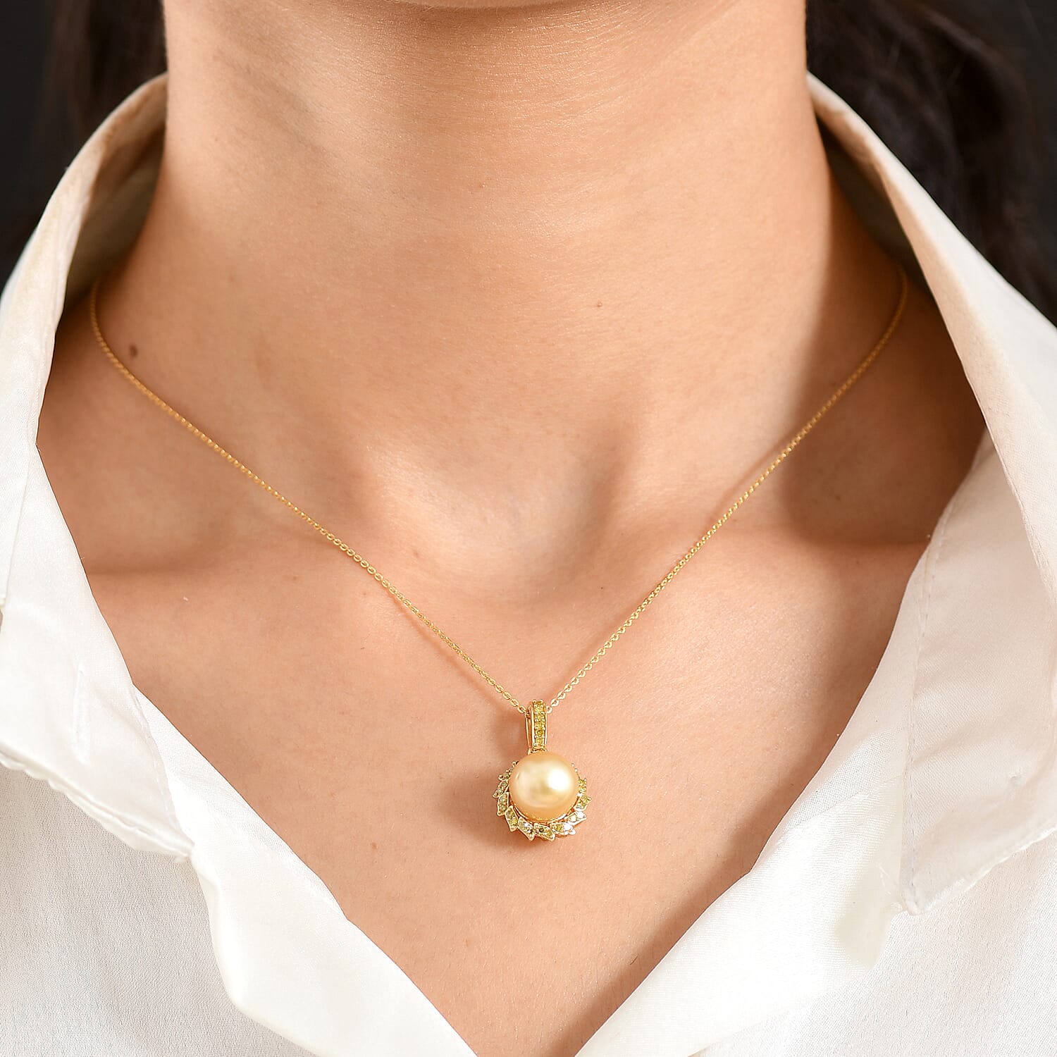 Royal Bali Collection - D'Joy Golden South Sea Pearl & Natural Yellow Diamond Pendant with Chain (Size 20) in 18K Vermeil Yellow Gold Plated Sterling Silver 8.00 Ct.