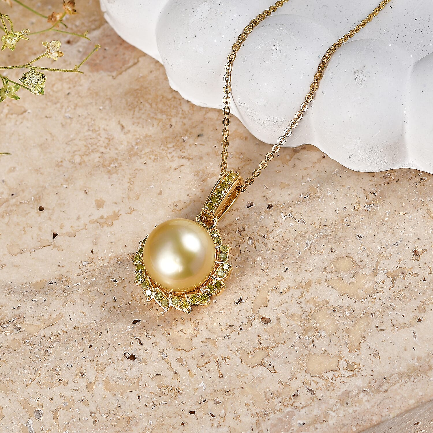 Royal Bali Collection - D'Joy Golden South Sea Pearl & Natural Yellow Diamond Pendant with Chain (Size 20) in 18K Vermeil Yellow Gold Plated Sterling Silver 8.00 Ct.