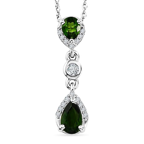 D'Joy - Natural Chrome Diopside & White Zircon Drop Pendant with Chain (Size 20) in Platinum Overlay Sterling Silver