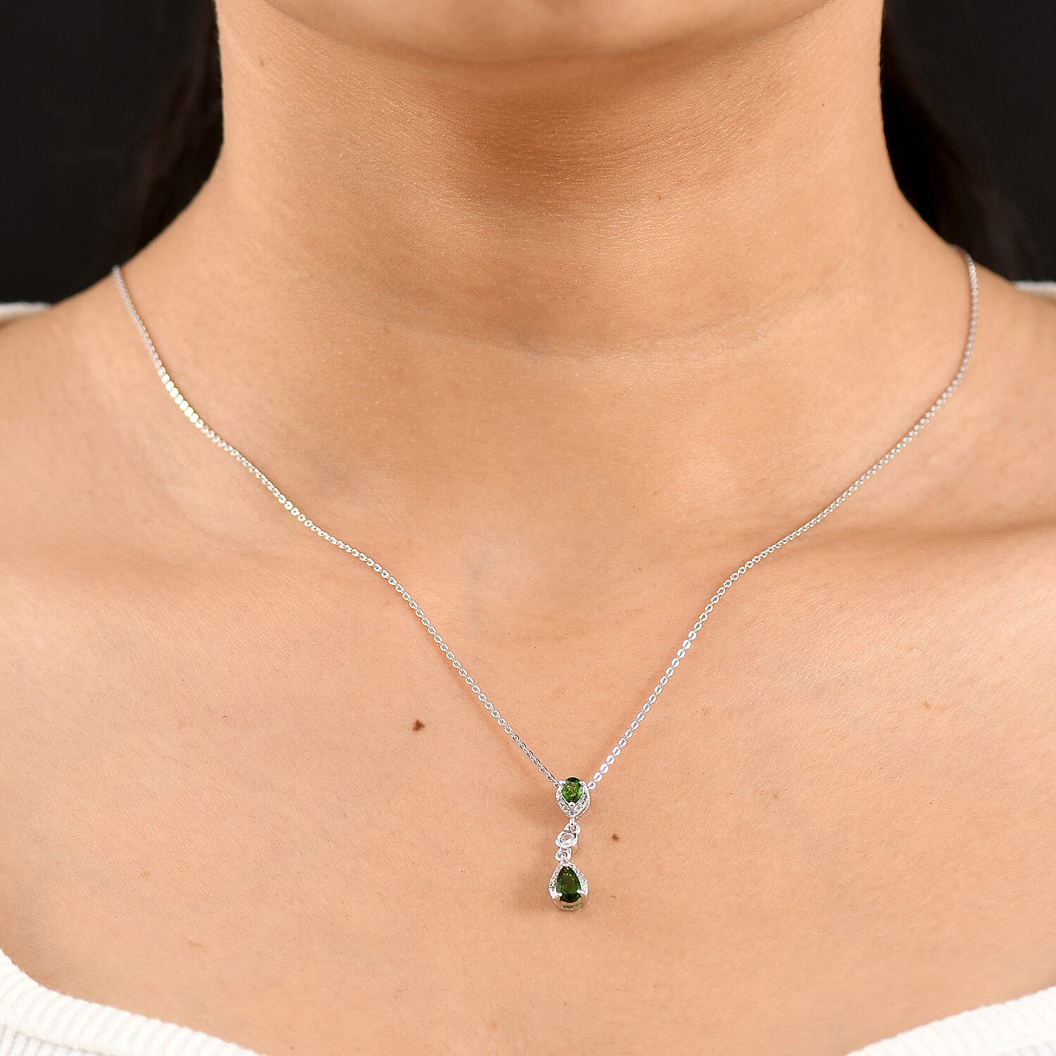 D'Joy - Natural Chrome Diopside & White Zircon Drop Pendant with Chain (Size 20) in Platinum Overlay Sterling Silver