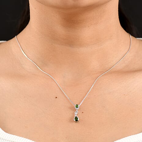 D'Joy - Natural Chrome Diopside & White Zircon Drop Pendant with Chain (Size 20) in Platinum Overlay Sterling Silver