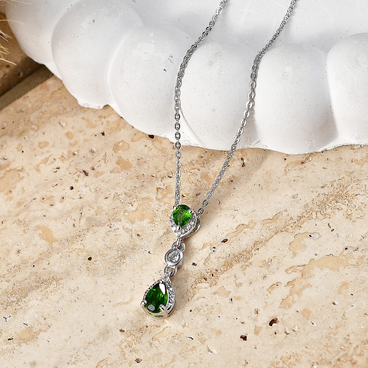 D'Joy - Natural Chrome Diopside & White Zircon Drop Pendant with Chain (Size 20) in Platinum Overlay Sterling Silver