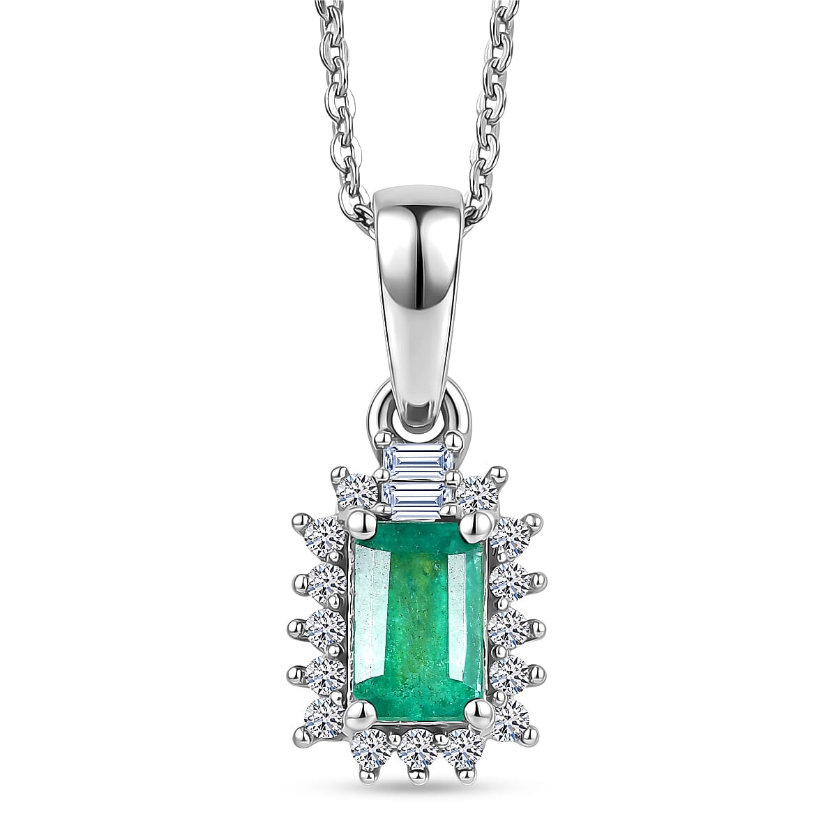 Luxuriant - AAA Zambian Emerald & Lab Grown Diamond (SI-G-H) Pendant with Chain (Size 20) in Rhodium Overlay Sterling Silver 0.75 Ct.