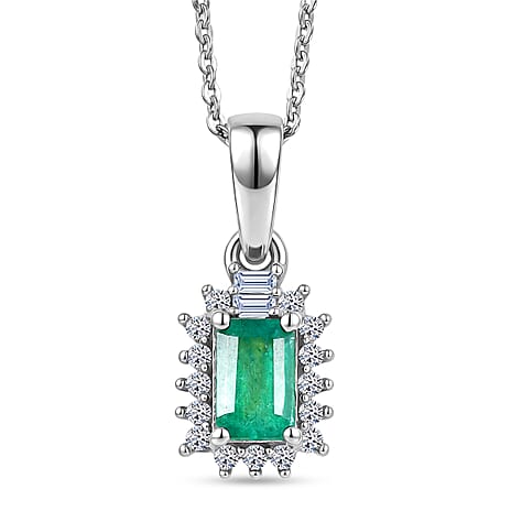 Luxuriant - AAA Zambian Emerald & Lab Grown Diamond (SI-G-H) Pendant with Chain (Size 20) in Rhodium Overlay Sterling Silver 0.75 Ct.