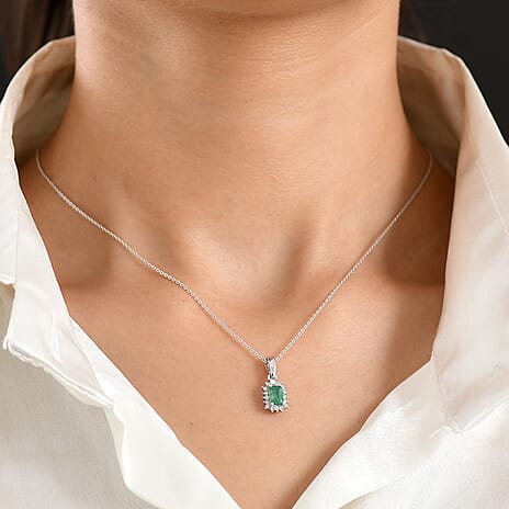 Luxuriant - AAA Zambian Emerald & Lab Grown Diamond (SI-G-H) Pendant with Chain (Size 20) in Rhodium Overlay Sterling Silver 0.75 Ct.