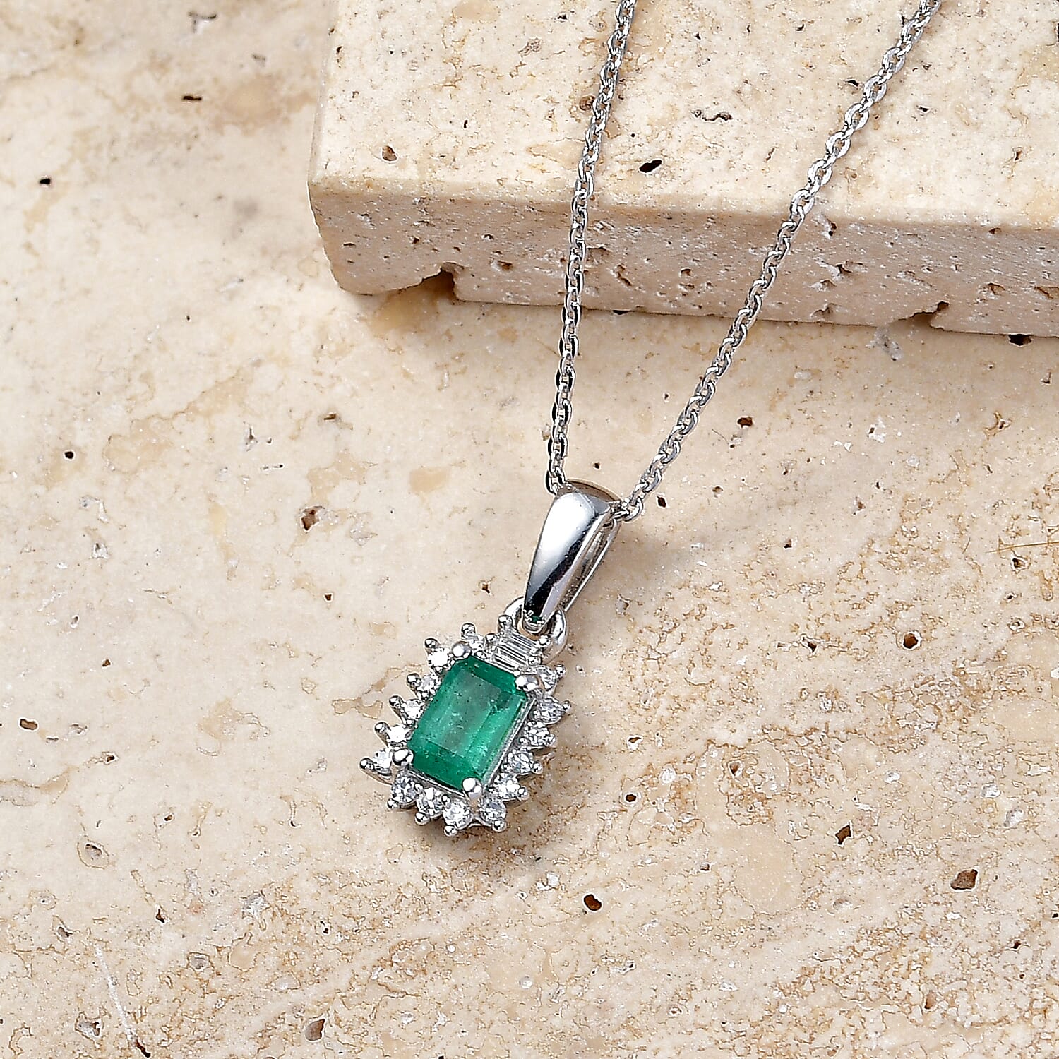 Luxuriant - AAA Zambian Emerald & Lab Grown Diamond (SI-G-H) Pendant with Chain (Size 20) in Rhodium Overlay Sterling Silver 0.75 Ct.