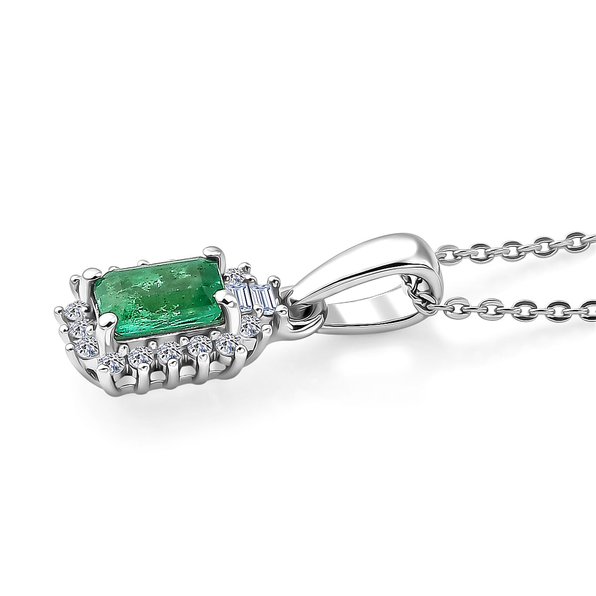 Luxuriant - AAA Zambian Emerald & Lab Grown Diamond (SI-G-H) Pendant with Chain (Size 20) in Rhodium Overlay Sterling Silver 0.75 Ct.