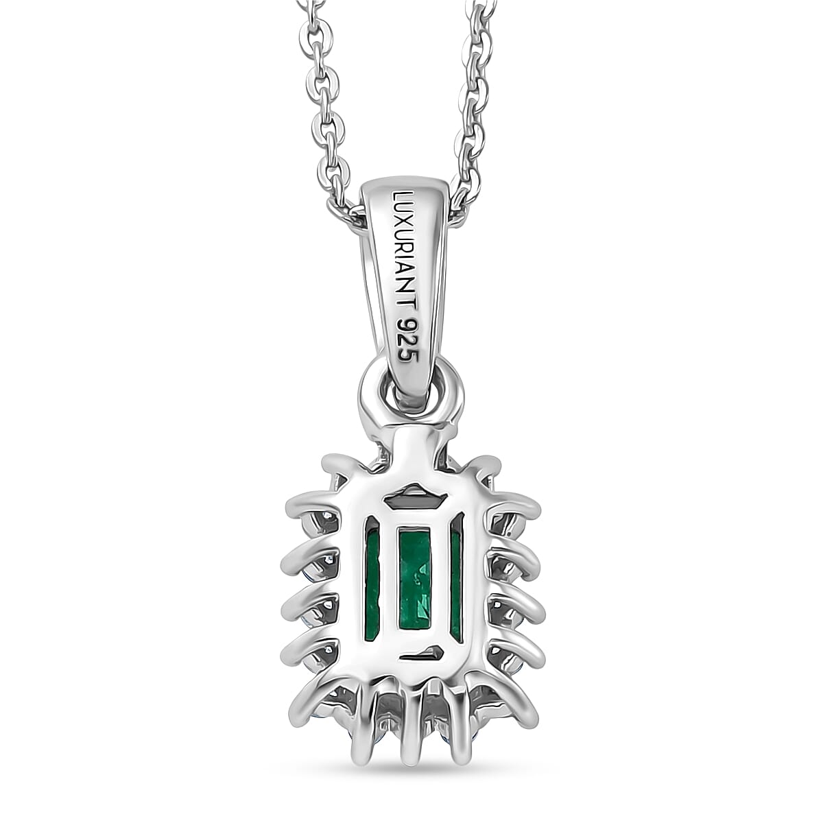 Luxuriant - AAA Zambian Emerald & Lab Grown Diamond (SI-G-H) Pendant with Chain (Size 20) in Rhodium Overlay Sterling Silver 0.75 Ct.