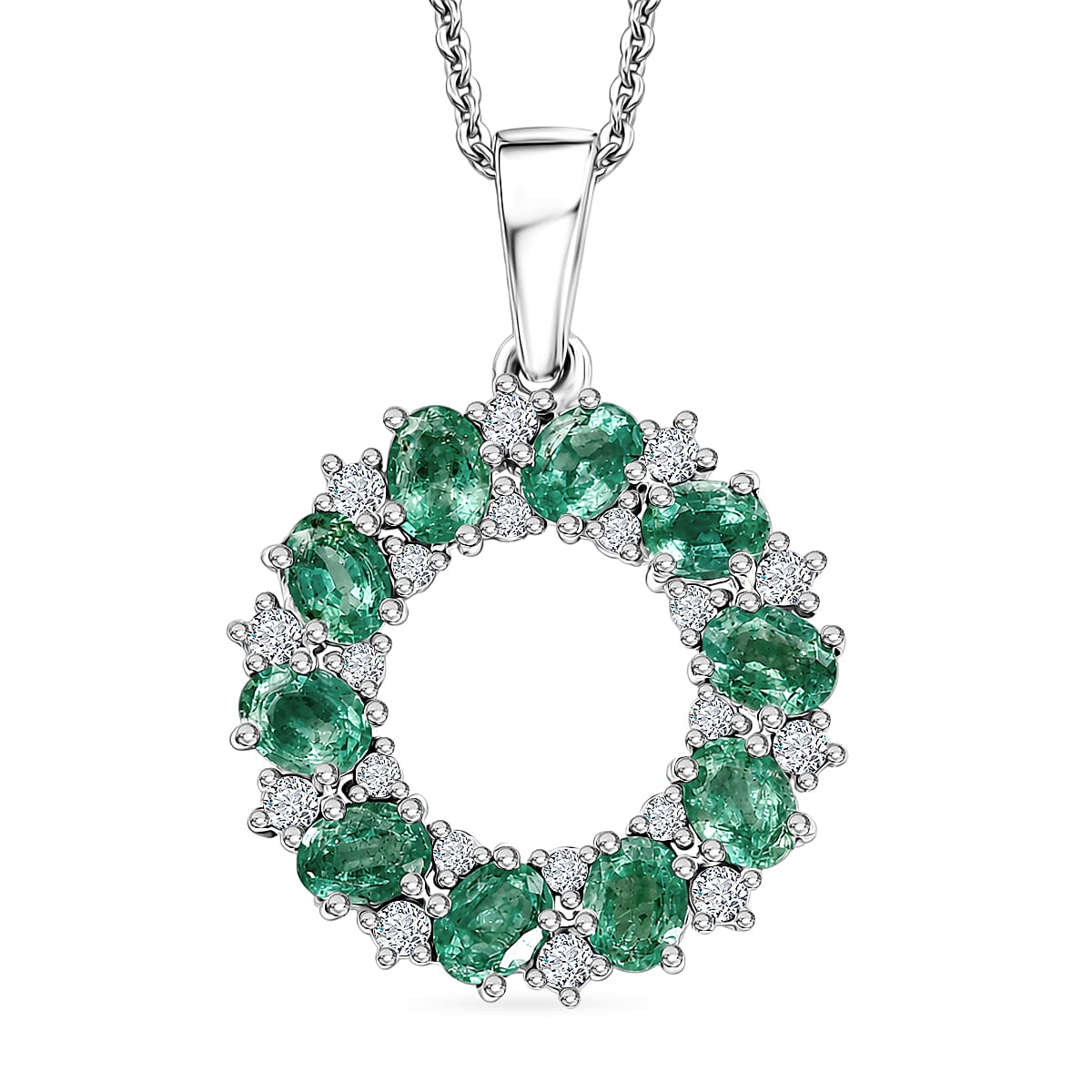 D'Joy - AAA Zambian Emerald & White Zircon Pendant with Chain (Size 20) in Rhodium Overlay Sterling Silver 1.90 Ct.