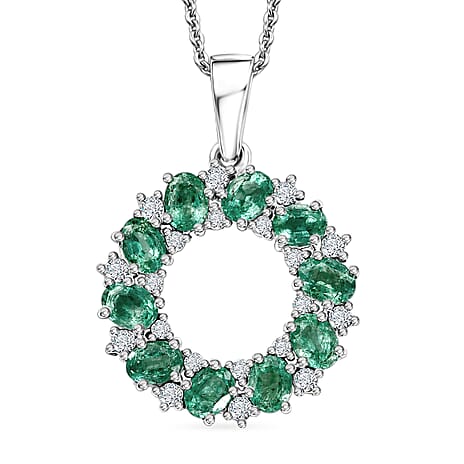 D'Joy - AAA Zambian Emerald & White Zircon Pendant with Chain (Size 20) in Rhodium Overlay Sterling Silver 1.90 Ct.
