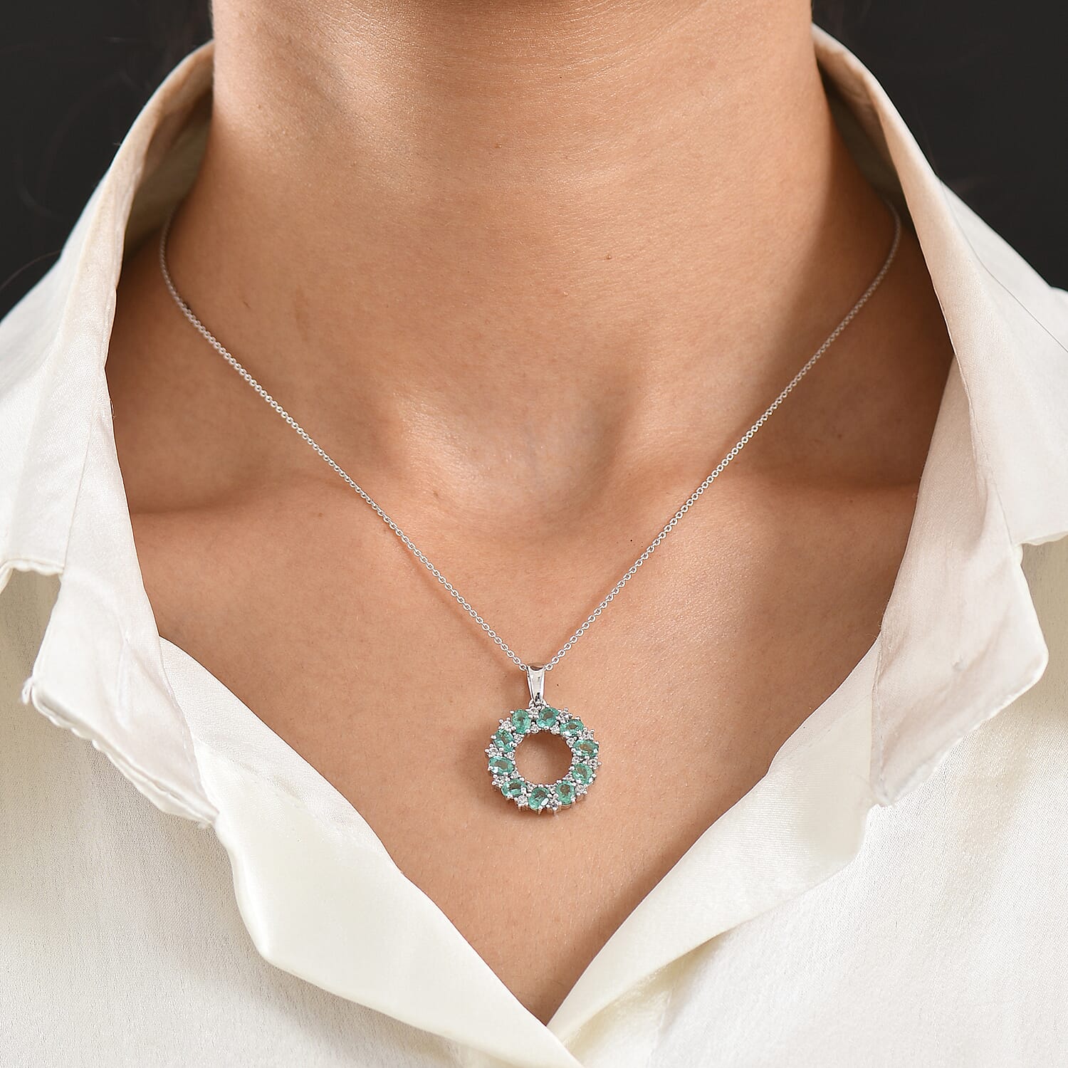 D'Joy - AAA Zambian Emerald & White Zircon Pendant with Chain (Size 20) in Rhodium Overlay Sterling Silver 1.90 Ct.