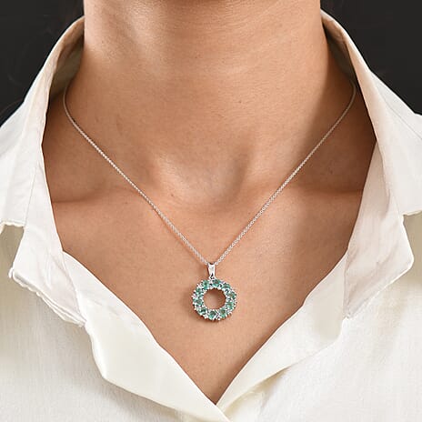 D'Joy - AAA Zambian Emerald & White Zircon Pendant with Chain (Size 20) in Rhodium Overlay Sterling Silver 1.90 Ct.